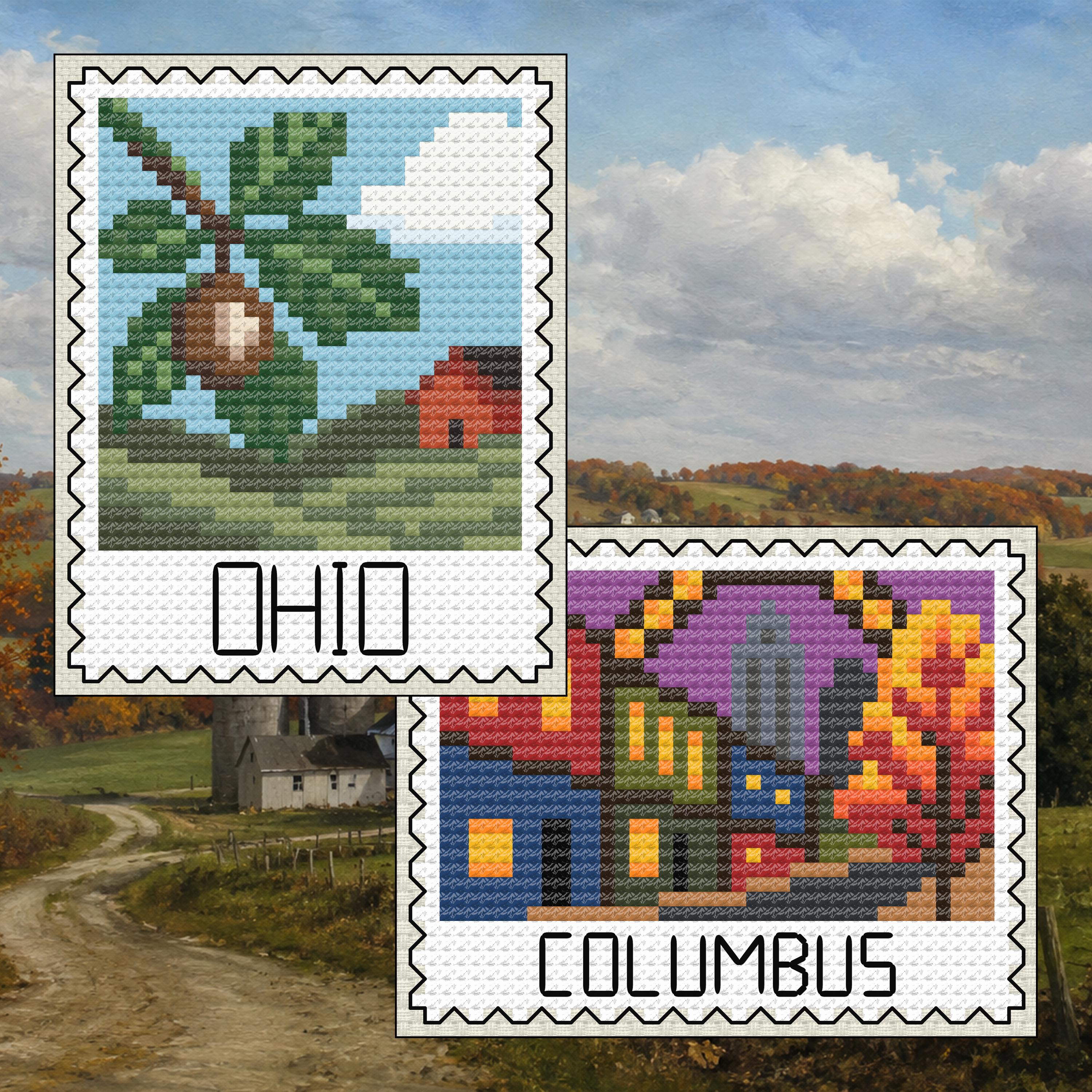 Ohio Cross Stitch Pattern Bundle: Ohio Buckeye Tree Stamp + Columbus Autumn Cityscape Set cross-stitch pattern preview