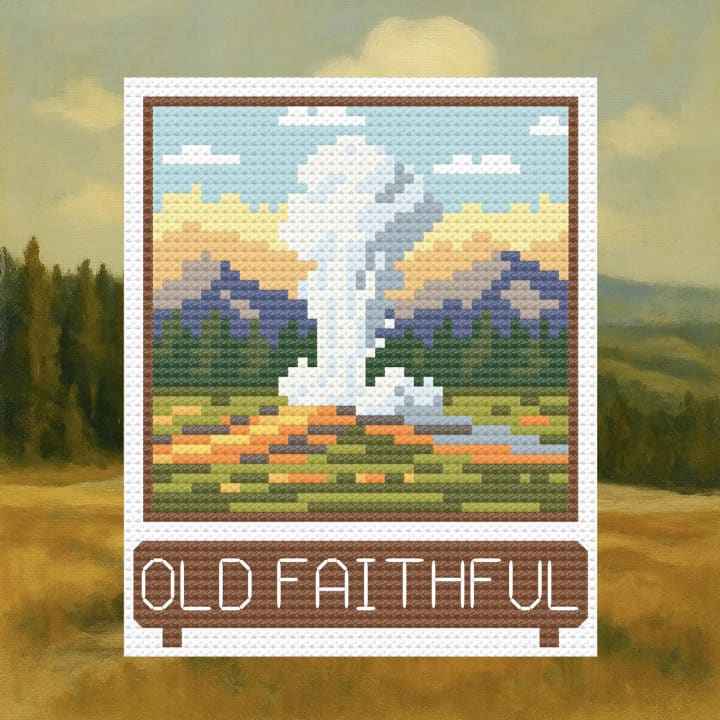 Old Faithful: Yellowstone National Park Travel Snapshot cross-stitch pattern preview
