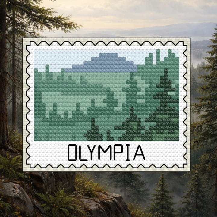 Olympia Evergreen Forest Stamp - Washington State Capitol cross-stitch pattern preview