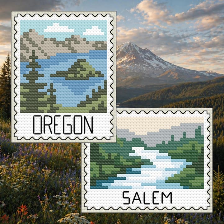 Oregon: Crater Lake Stamp, Salem Forest River cross-stitch pattern preview