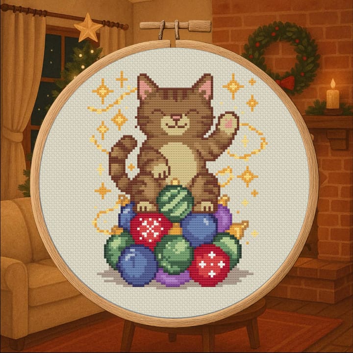 Ornament Guardian Cat – Holiday Cat cross-stitch pattern preview