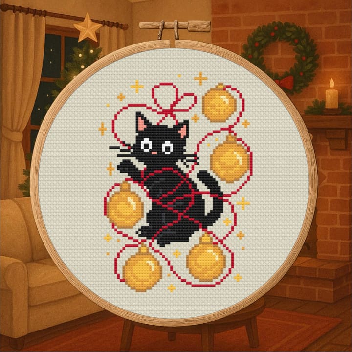 Ornament Mischief Cat – Playful Holiday Cat cross-stitch pattern preview
