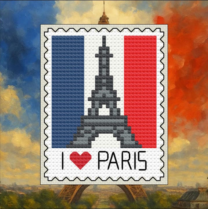 Paris Love – Eiffel Tower – European Postage Stamp Series cross-stitch pattern preview