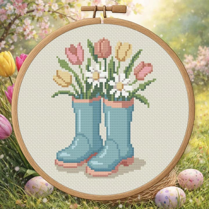 Pastel Springtime Wellies – Spring cross-stitch pattern preview