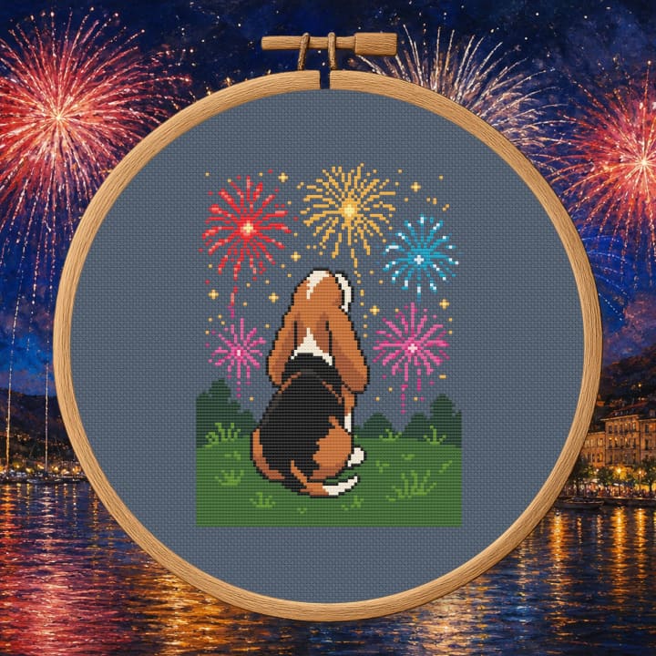 Patriotic Hound – Basset Hound Fireworks cross-stitch pattern preview