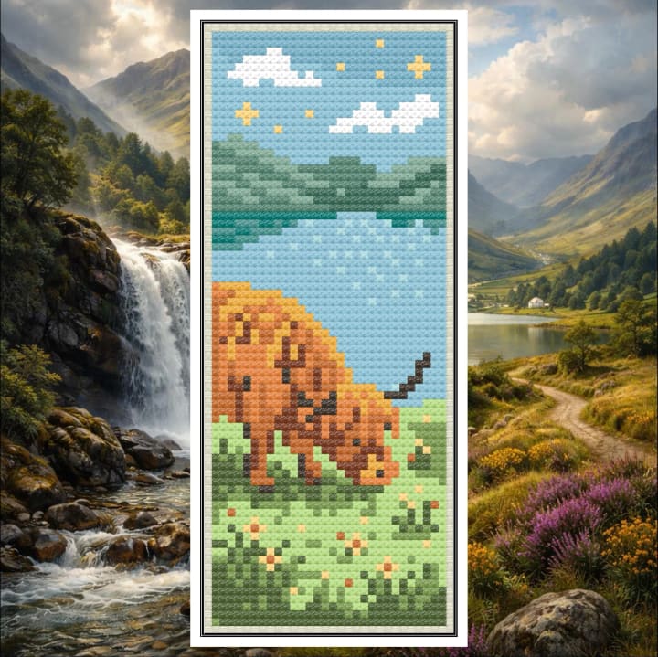 Peaceful Lochside Highland – Highland Cow Bookmark cross-stitch pattern preview