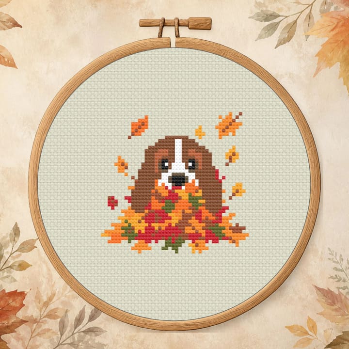 Peepin Basset Hound – Fall Leaves Dog cross-stitch pattern preview
