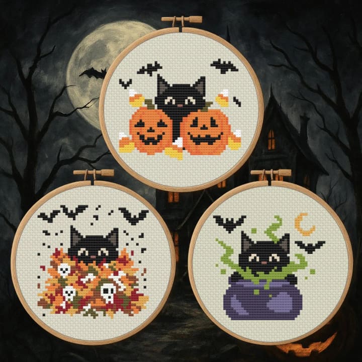 Peepin’ Cat Halloween Trio – Black Cat Set cross-stitch pattern preview
