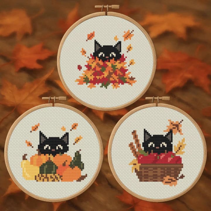 Peepin’ Fall Cats Bundle: Leaf, Gourd, Apple Trio cross-stitch pattern preview
