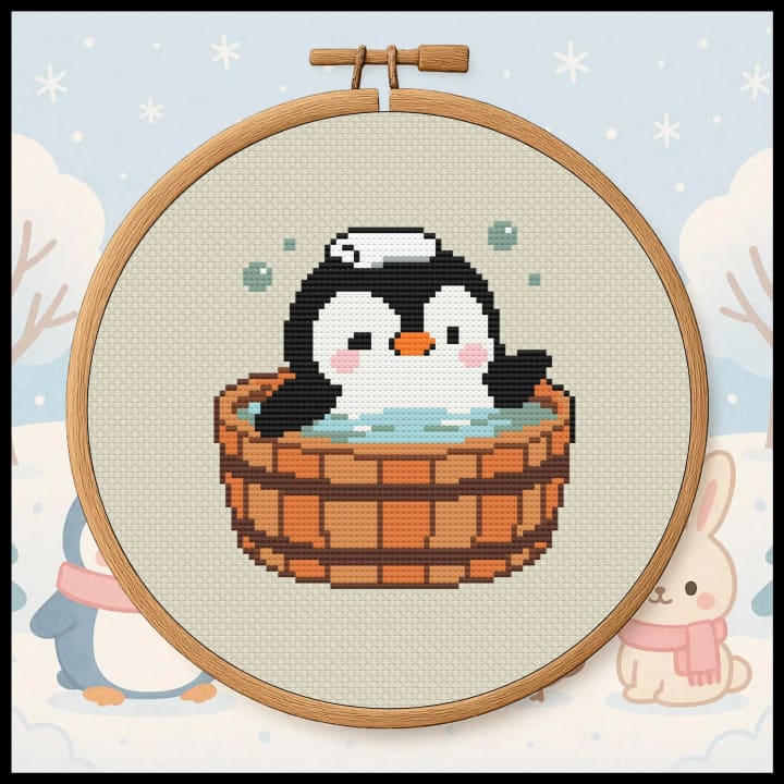 Penguin in Bath: Kawaii Animal cross-stitch pattern preview