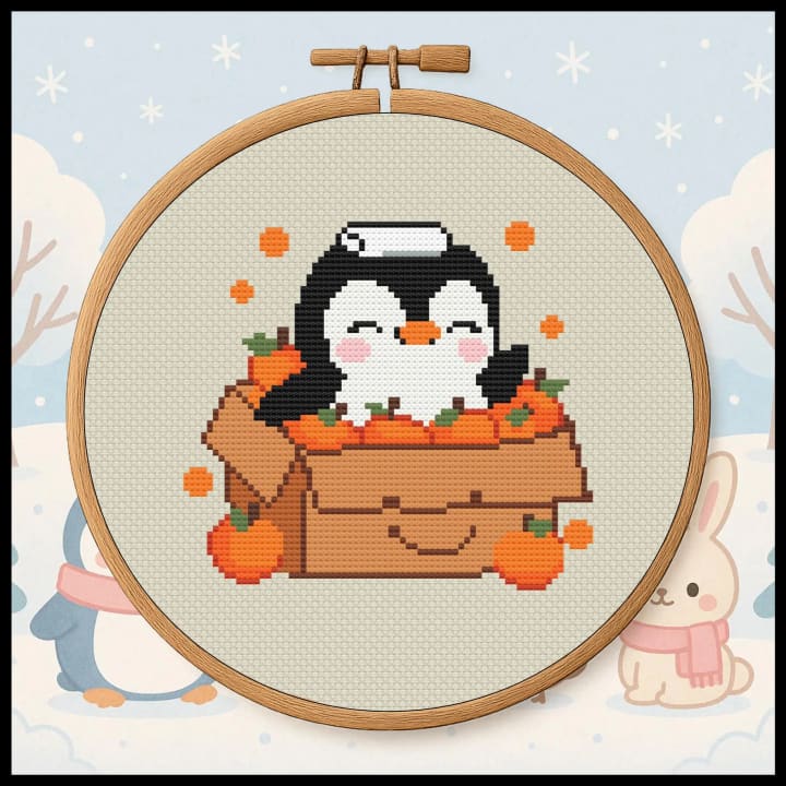 Penguin in Oranges - Kawaii Fruit Box cross-stitch pattern preview