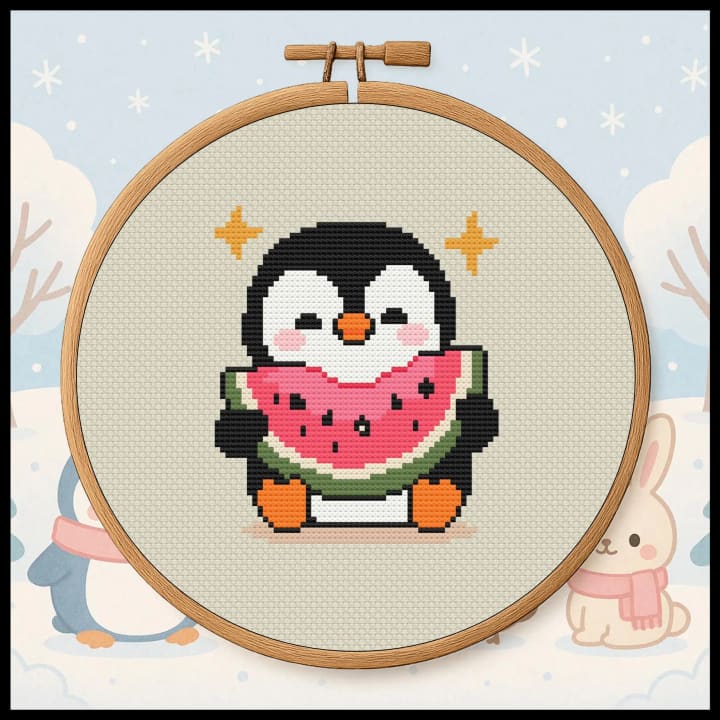 Penguin Watermelon – Kawaii Summer cross-stitch pattern preview