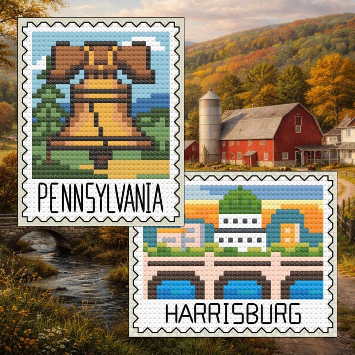 Pennsylvania Bundle: Liberty Bell + Harrisburg Bridge Sunset Stamp cross-stitch pattern preview