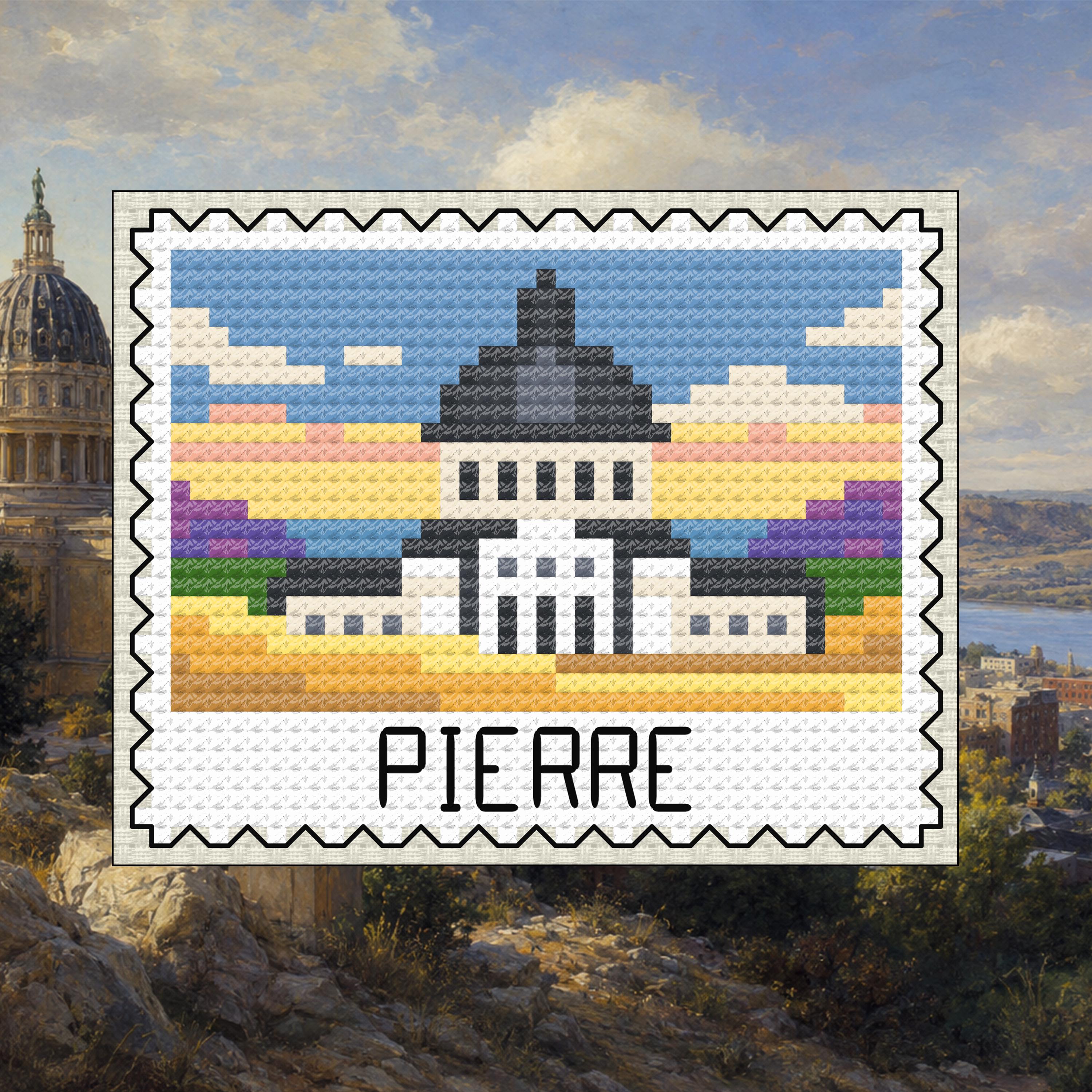 Pierre Stamp - South Dakota Capitol Sunset cross-stitch pattern preview