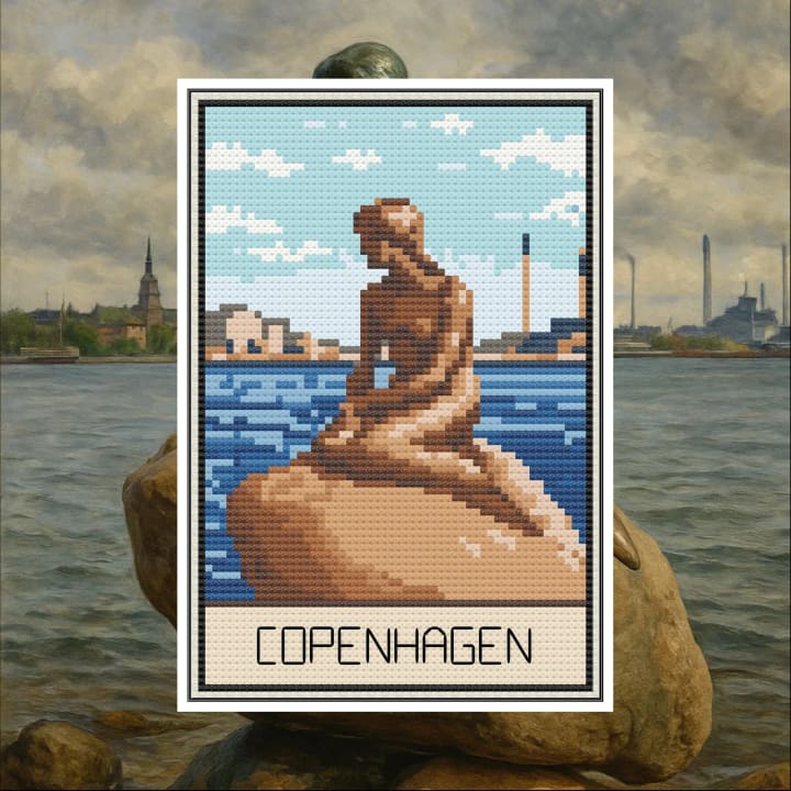 Postcard Collection – Denmark (Copenhagen, The Little Mermaid) cross-stitch pattern preview
