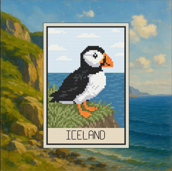 Postcard Collection – Iceland (Puffin) cross-stitch pattern preview