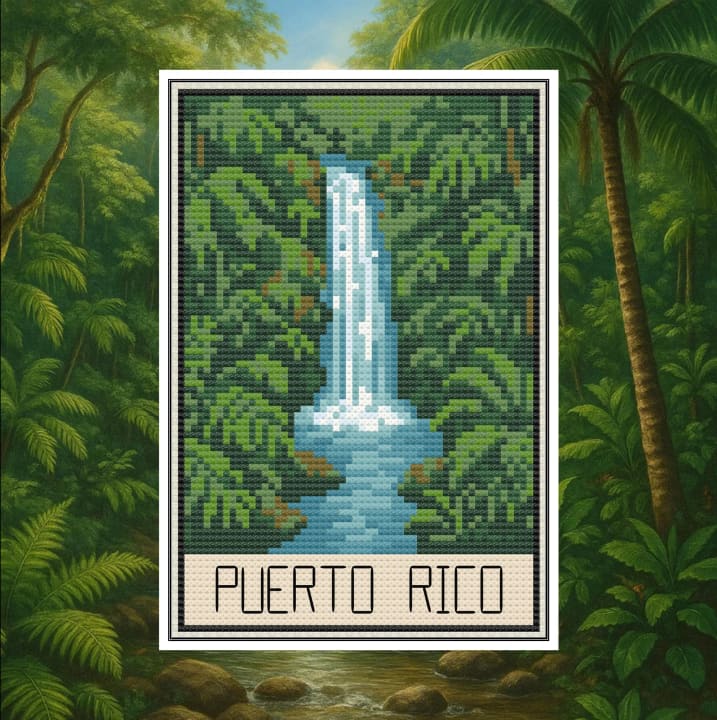 Postcard Collection – Puerto Rico Waterfall cross-stitch pattern preview