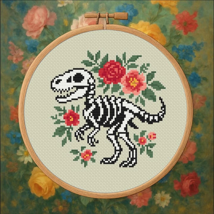 Prehistoric Blossoms – Dinosaur Floral cross-stitch pattern preview