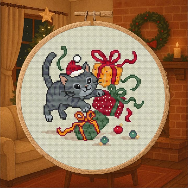Present Patrol Cat – Gift‑Guarding Cat cross-stitch pattern preview