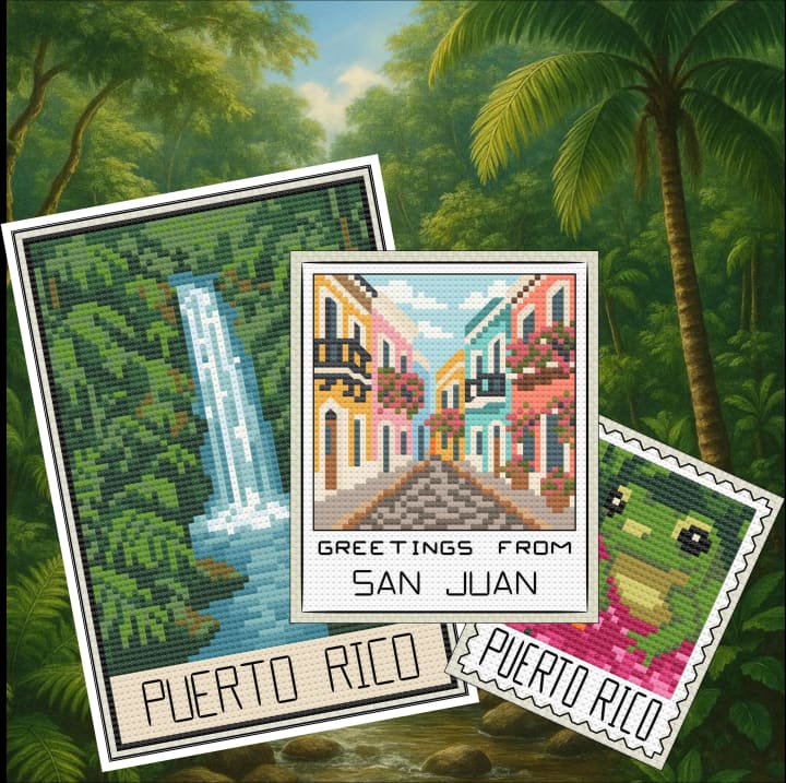 Puerto Rico Travel Collection – Postcard, Polaroid & Stamp Cross Stitch Pattern Bundle PDF cross-stitch pattern preview