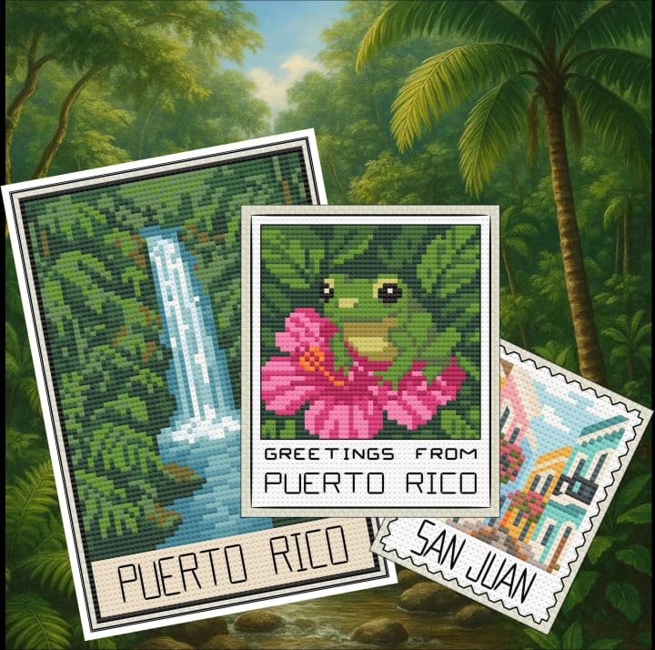 Puerto Rico Travel Collection – Postcard, Polaroid & Stamp Bundle cross-stitch pattern preview