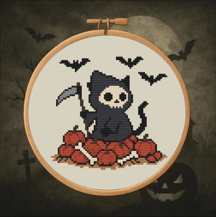 Pumpkin Patch Reaper – Halloween cross-stitch pattern preview