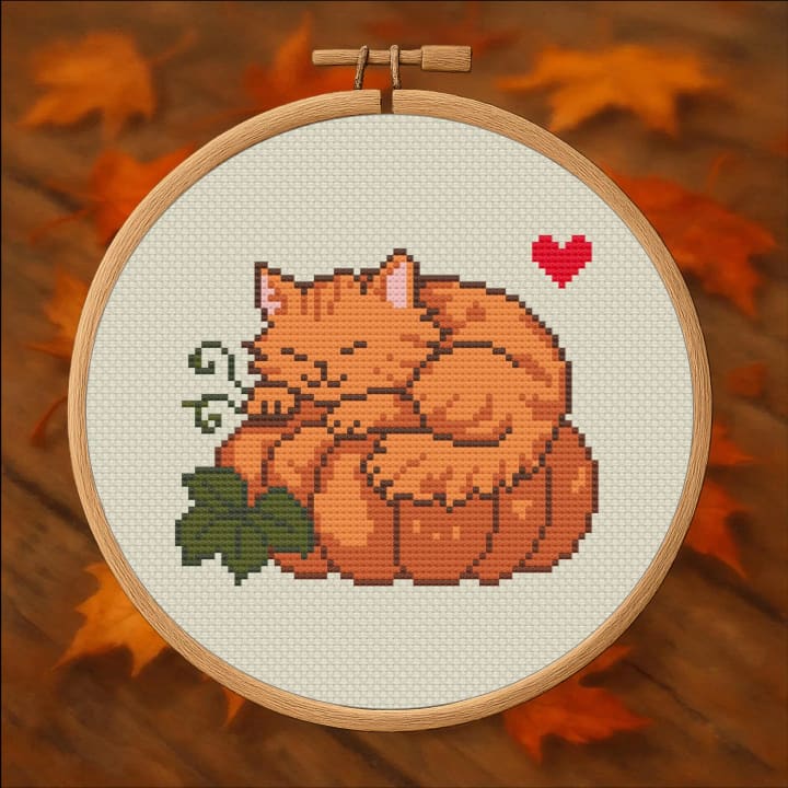 Pumpkin Purr – Cat and Pumpkin cross-stitch pattern preview