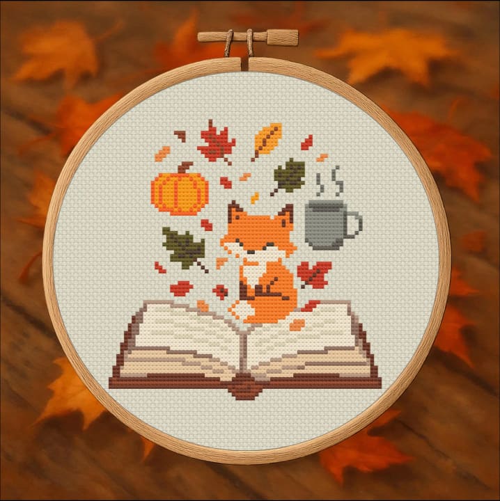 Pumpkins, Paws & Pages – Cozy Fall Book cross-stitch pattern preview