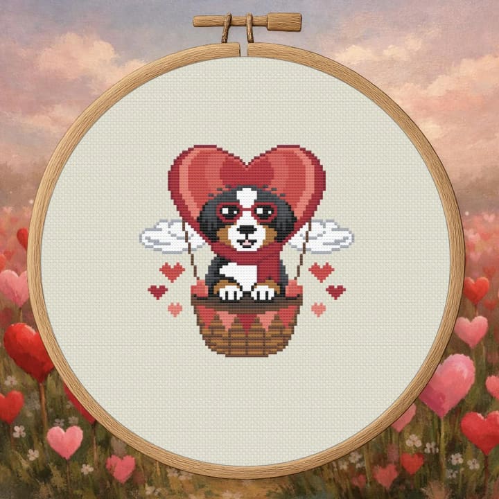 Puppy Love Bernedoodle – Valentine Dog cross-stitch pattern preview