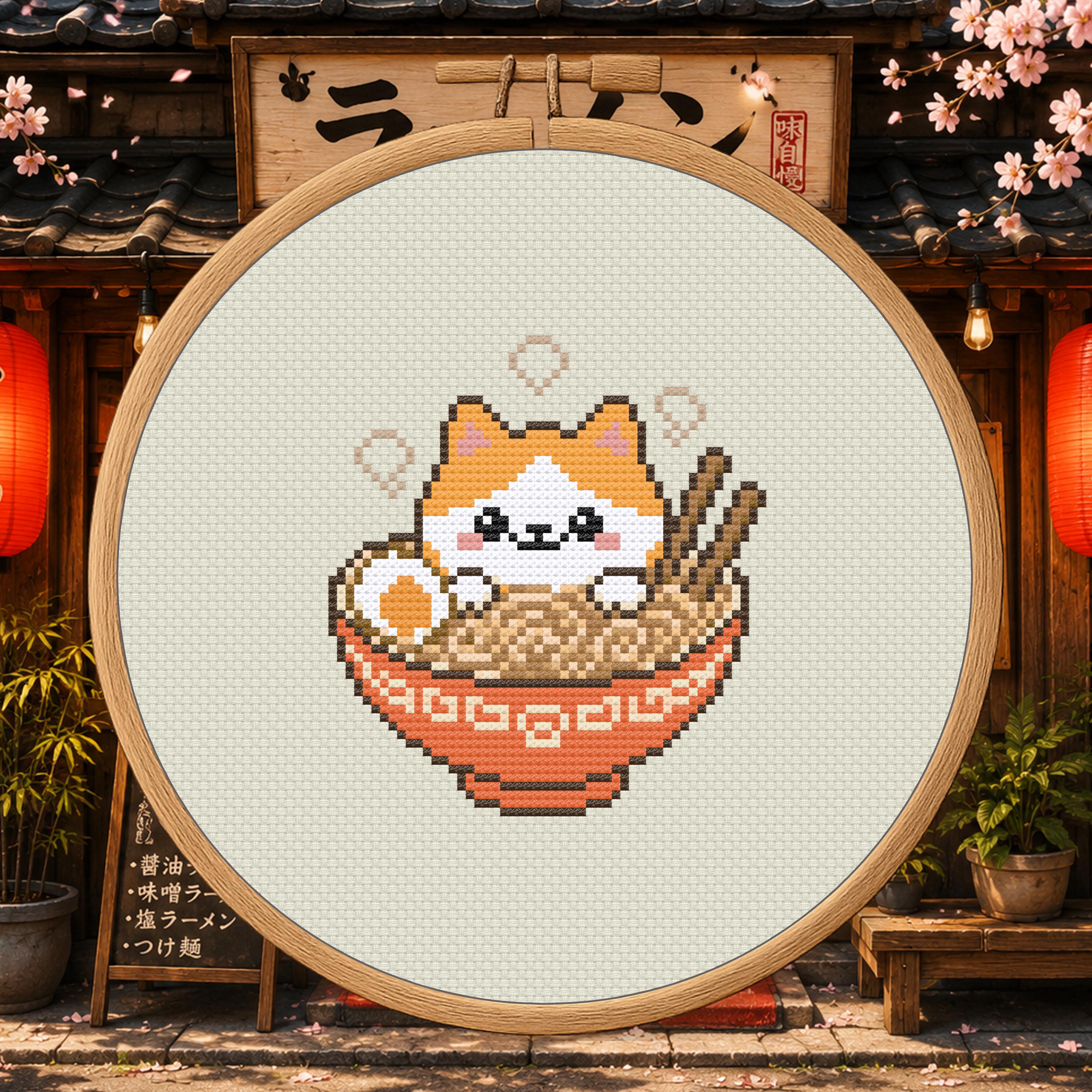 Ramen Cat Cross Stitch Pattern PDF - Cute Japanese Food Cat cross-stitch pattern preview