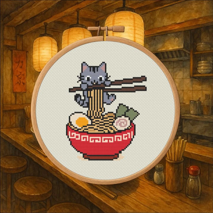 Ramen Cat in Chopsticks – Japan cross-stitch pattern preview