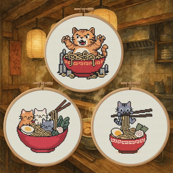 Ramen Cats – Japan cross-stitch pattern preview