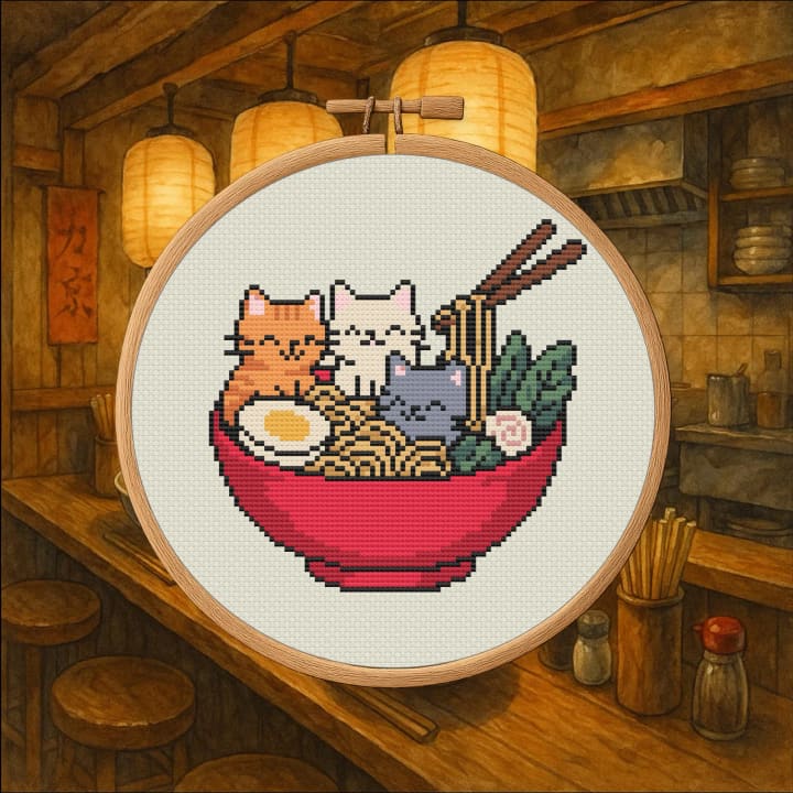 Ramen Cats – Japan cross-stitch pattern preview