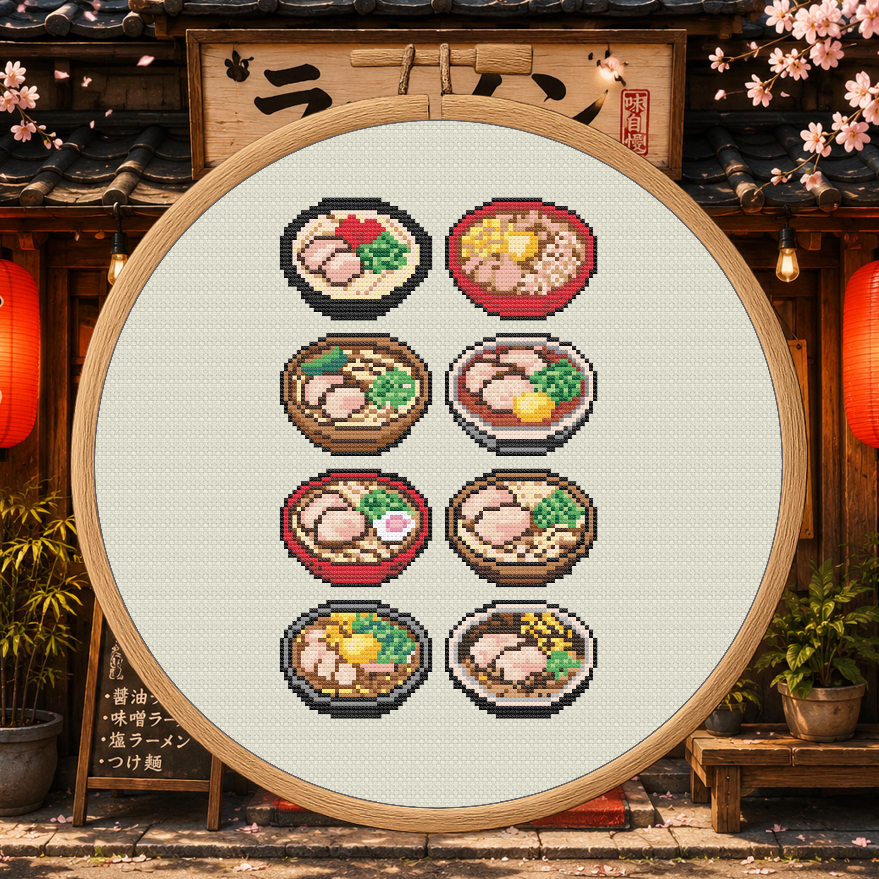 Ramen Tour of Japan Cross Stitch Pattern PDF - 8 Japanese Food Designs cross-stitch pattern preview