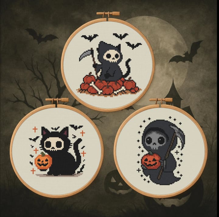 Reaper Cats Trio – Halloween Bundle cross-stitch pattern preview