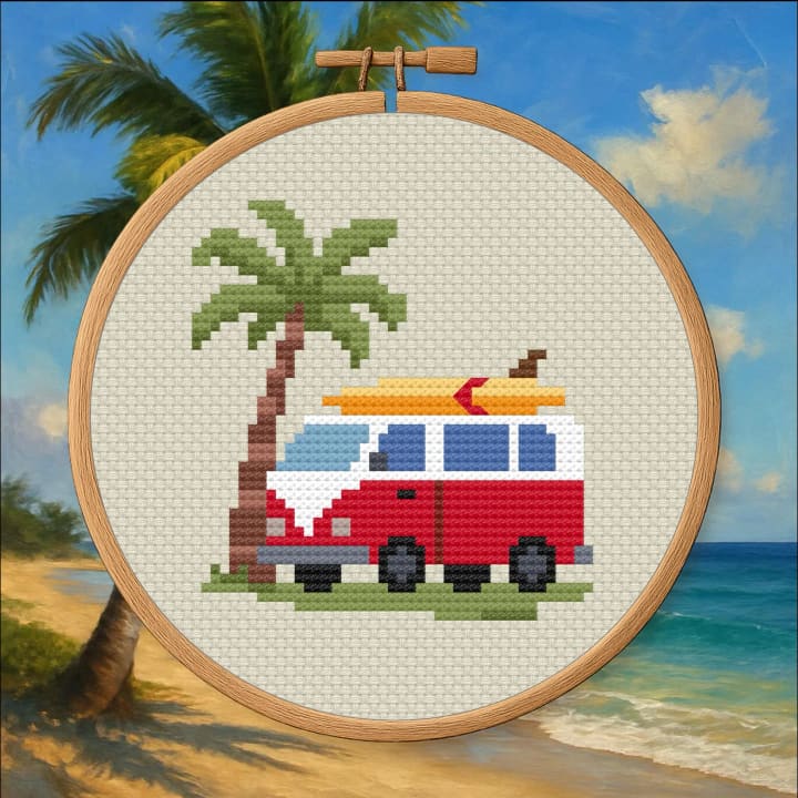 Retro Camper Van – Pixel Art, Beach Surfboard cross-stitch pattern preview