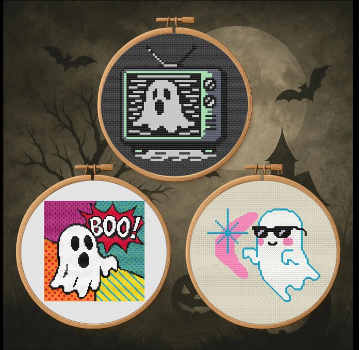 Retro Spooky Ghosts Trio – Halloween Bundle cross-stitch pattern preview