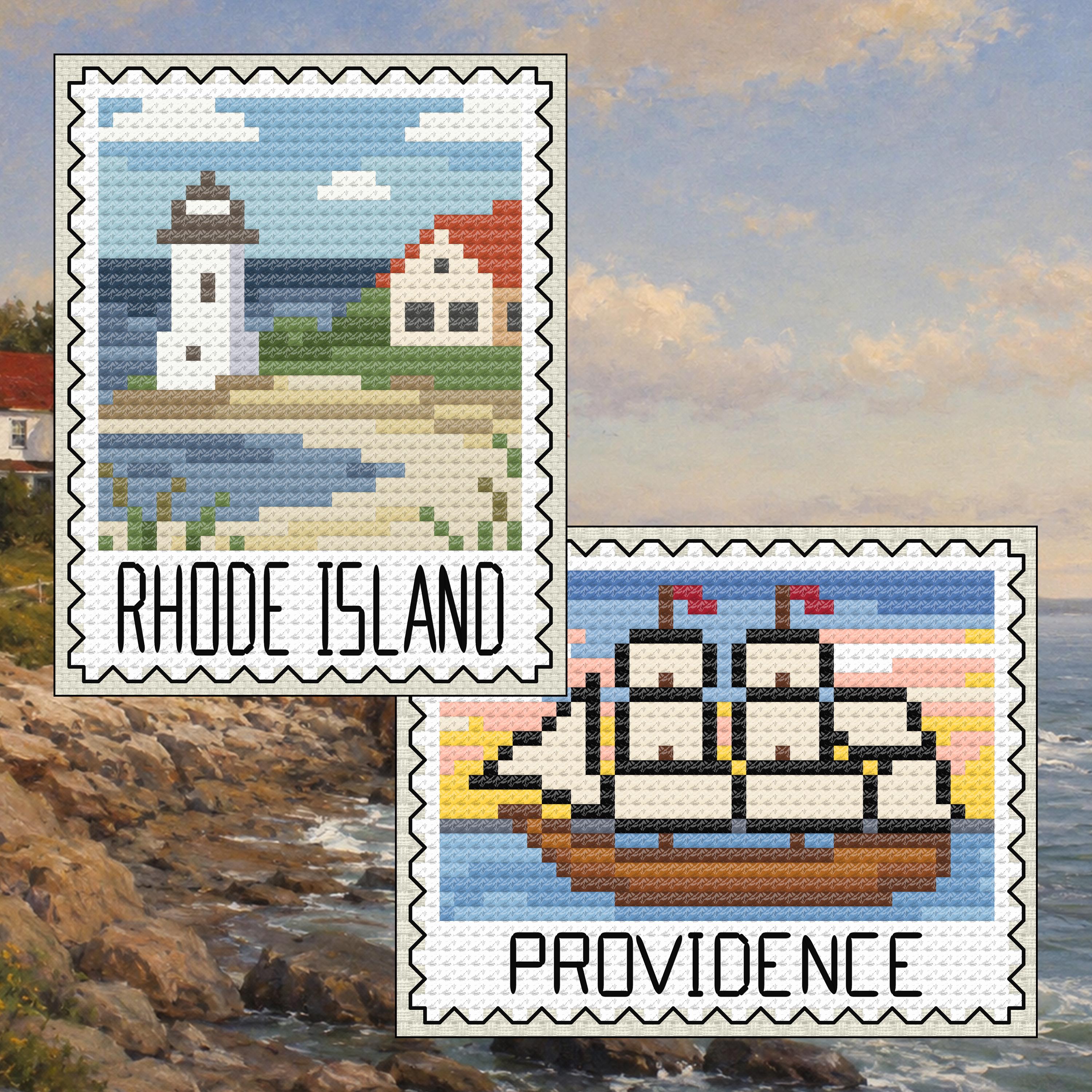 Rhode Island Cross Stitch Pattern Bundle: Rhode Island Lighthouse Coast Stamp + Providence Tall Ship Set cross-stitch pattern preview