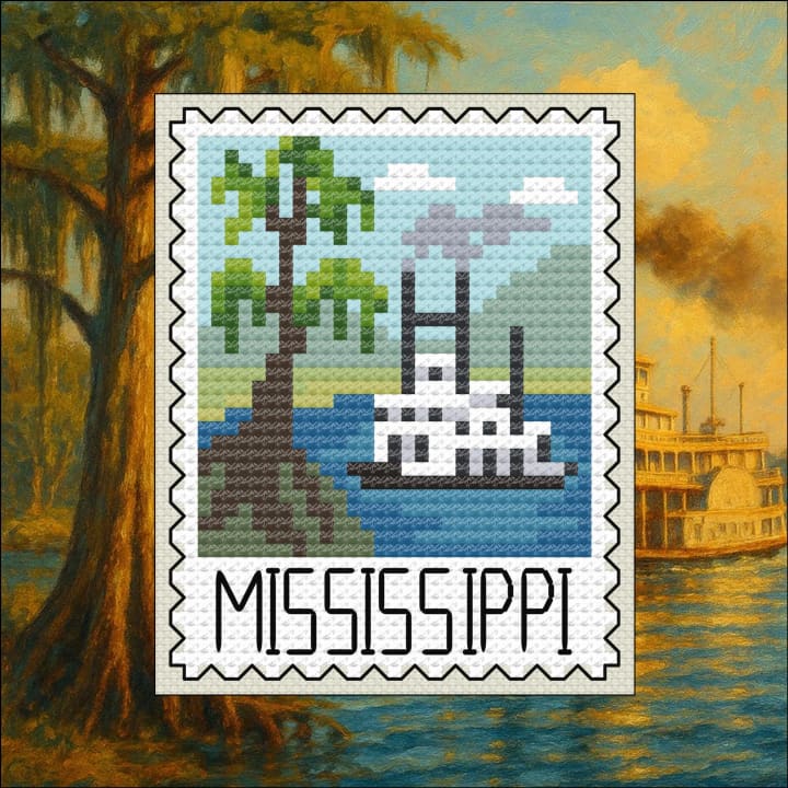 Riverboat Days – Mississippi – US State Postage Stamp Series cross-stitch pattern preview