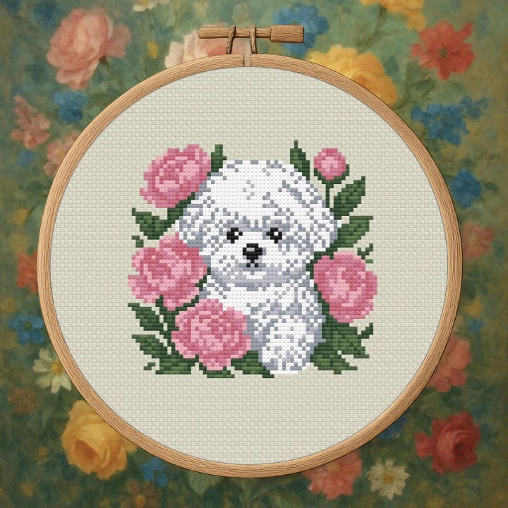 Rose Garden Pup – Floral Puppy cross-stitch pattern preview