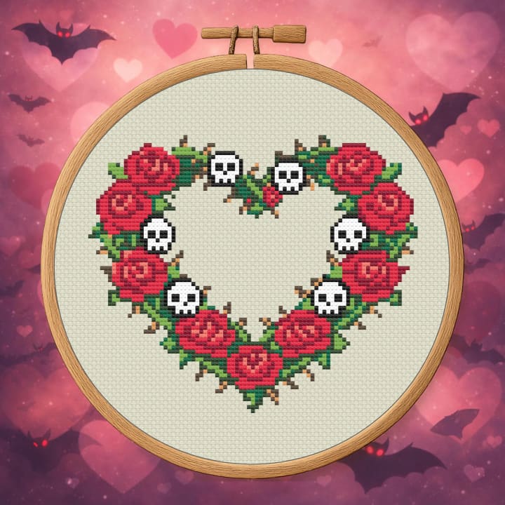 Roses for the Restless – Gothic Rose Skull Heart cross-stitch pattern preview