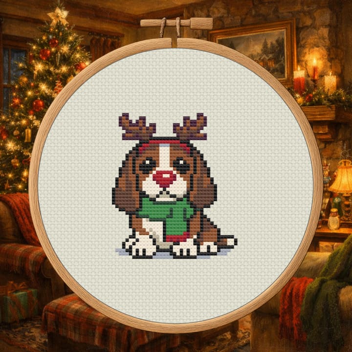 Rudolph’s Basset Helper – Christmas Basset Hound cross-stitch pattern preview