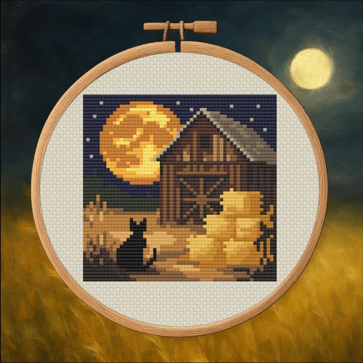 Rustic Moonlight – Autumn Harvest Moon cross-stitch pattern preview