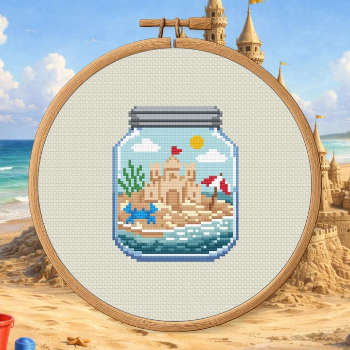 Sandcastle Summer Jar – Beach Sandcastle cross-stitch pattern preview