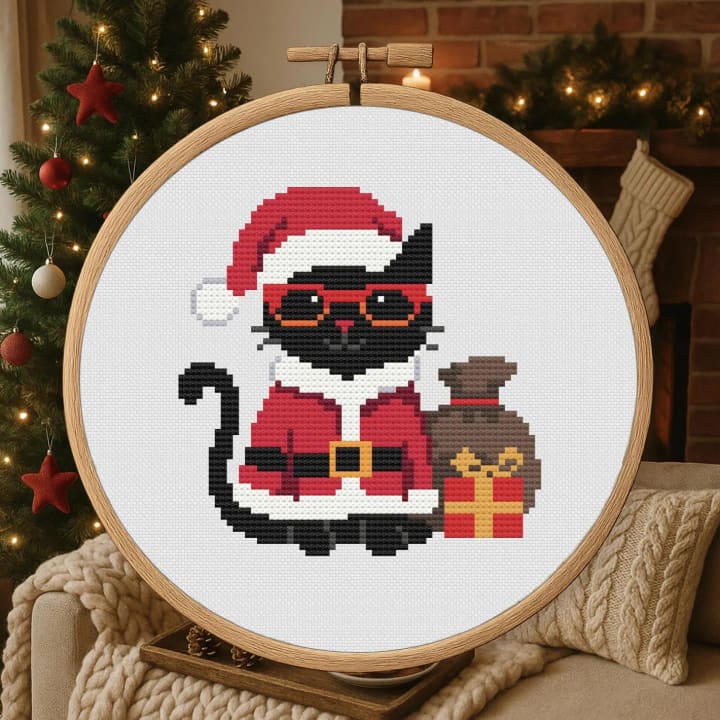 Santa Cat: Festive Holiday Kitty cross-stitch pattern preview