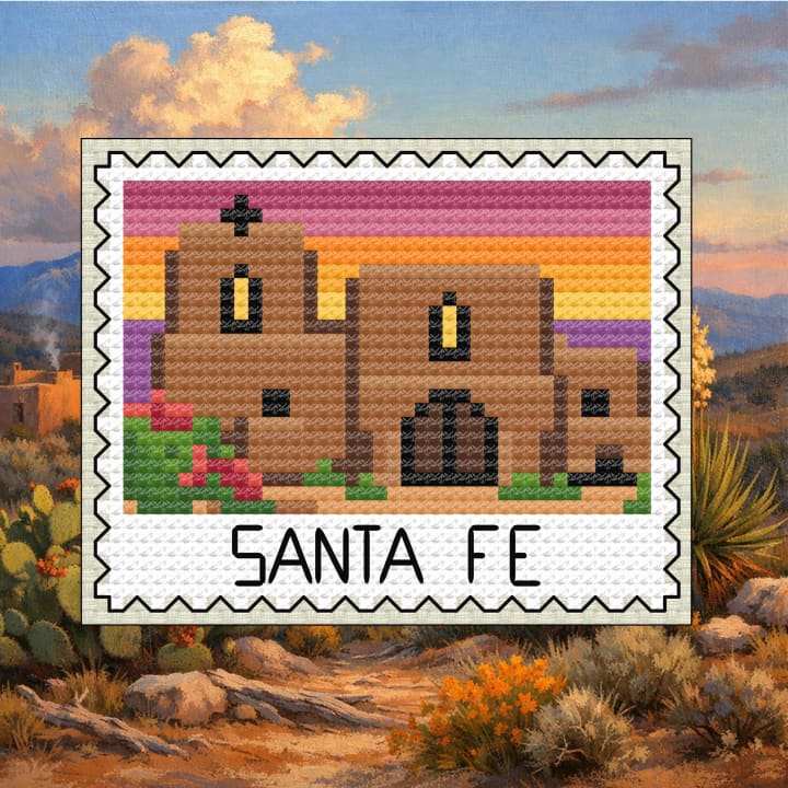 Santa Fe Adobe Sunset Stamp - New Mexico State Capitol cross-stitch pattern preview