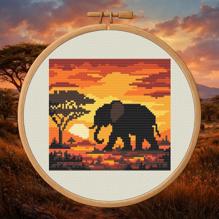 Savanna Elephant Scene – African Sunset cross-stitch pattern preview