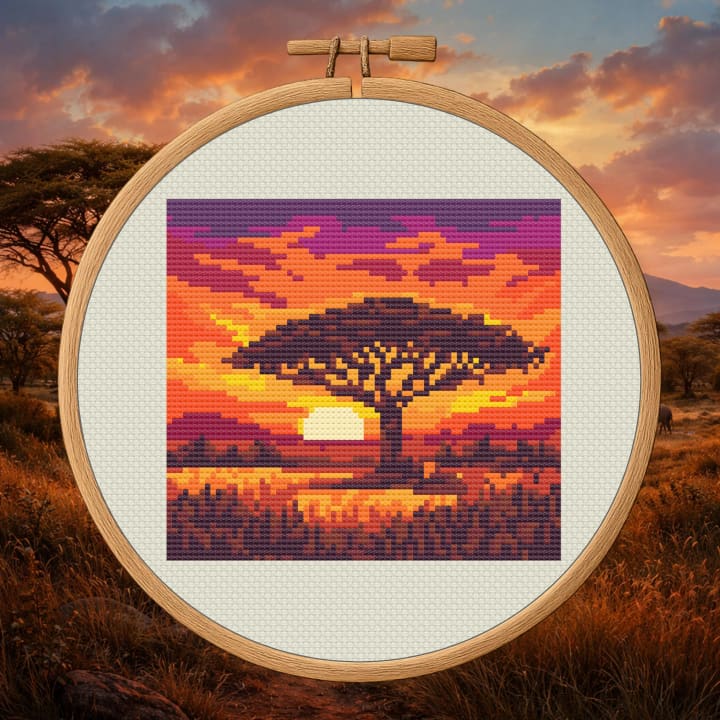 Savanna Landscape Scene – African Sunset Tree cross-stitch pattern preview
