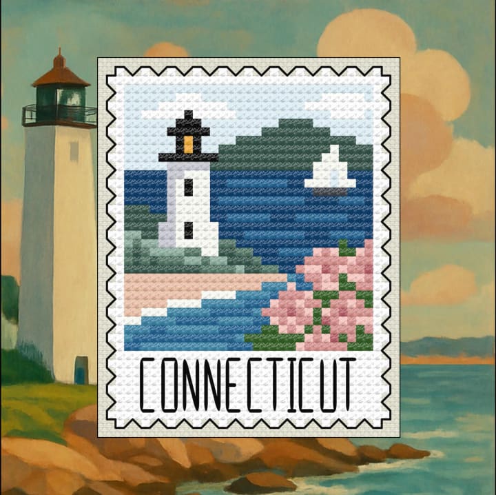 Schooners & Stitches – Connecticut – US State Postage Stamp Series cross-stitch pattern preview