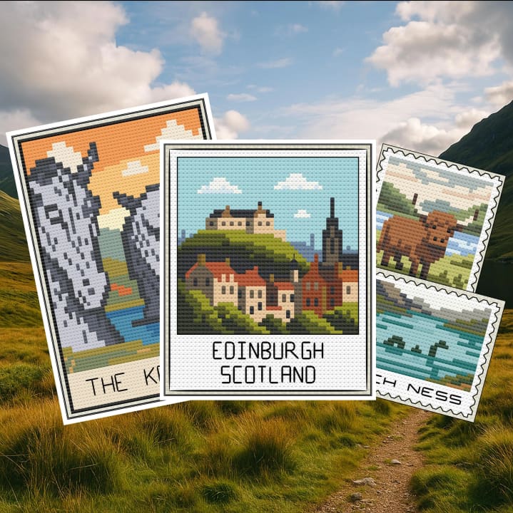Scotland Travel Bundle – Collection (Postcard, Polaroid & Stamps) cross-stitch pattern preview
